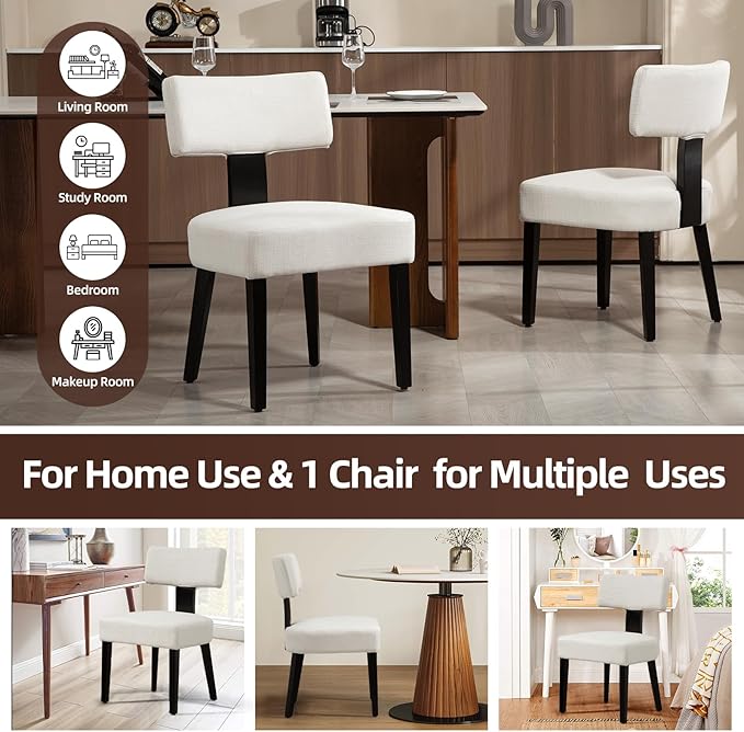 Dining Chairs Set of 4, Fabric Upholstered Wood Kitchen Chairs, Armless Linen Curved Backrest Accent Chair Farmhouse Modern Dining Chairs with Foot Pad for Kitchen/Living Room/Restaurant/Cafe-Beige