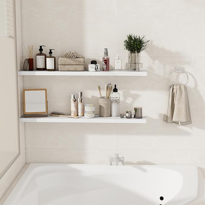 Fun Memories Floating Shelves for Wall, 40 Inch Floating Shelves for Home Decor, Wall Mounted Rustic Wood Shelves, Bathroom, Hanging Deep Shelf for Bedroom, Living Room, Kitchen (White, Set of 2)