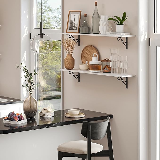 DINZI LVJ Long Wall Shelves, 31.5" Large Floating Shelves Set of 2, Farmhouse Display Shelf Wall Mounted with Heavy Duty Brackets, Easy Assembly for Kitchen, Bathroom, Bedroom, Balcony, White