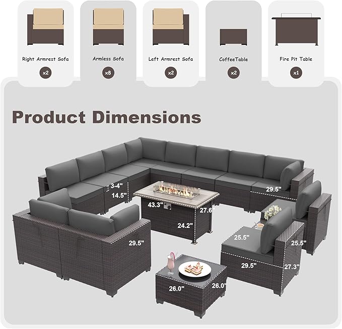 Kurapika 15 Pieces Patio Furniture Set, Rattan Wicker Outdoor Conversation Sets w/43in Propane Fire Pit Table and 4 Inch Cushion(Grey)