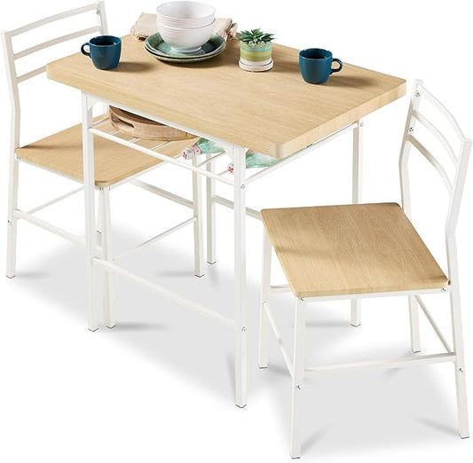 Best Choice Products 3-Piece Modern Dining Set, Space Saving Dinette for Kitchen, Dining Room, Small Space w/Steel Frame, Built-in Storage Rack - Natural/White