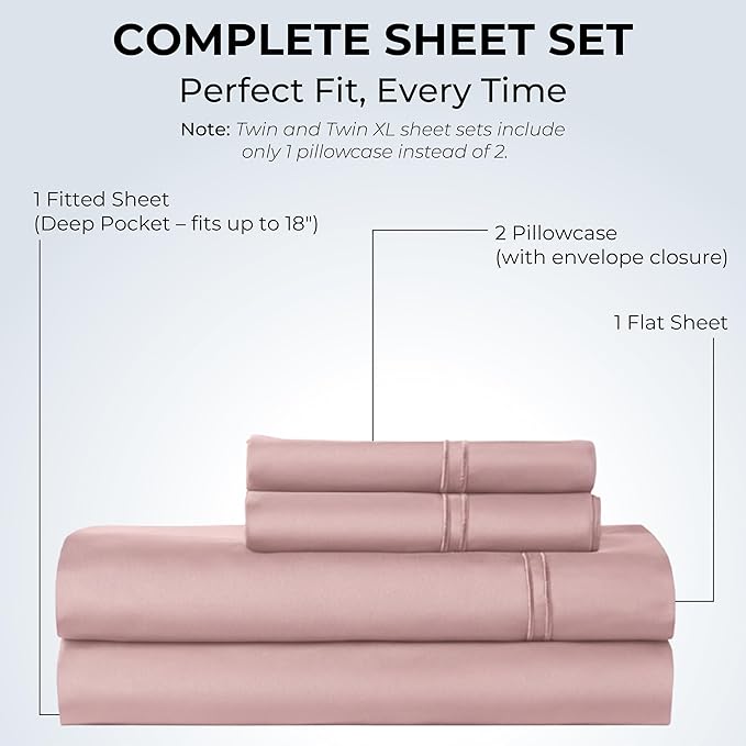 100% Natural Cotton Bed Sheets | 500 TC Single-Ply Sateen Weave Full Size Sheets | Soft, Breathable, Hypoallergenic Solid 4-Piece Bedding with Deep Pocket Fitted, Flat, Pillowcase | Blush