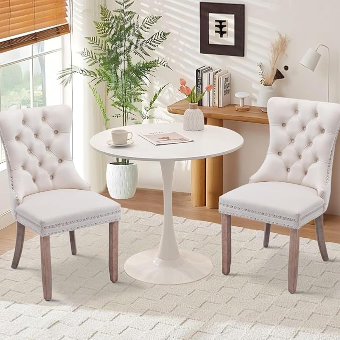 SoarFlash Kitchen Table and Chairs for 2, 31.5" Dining Table Set for 2 with Velvet Upholstered Chairs, 3 Piece Round Kitchen Table Set, Dining Room Table Set for Small Space, Apartment, Beige/White