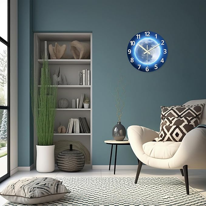 Analog Glow in The Dark Wall Clock Battery Operated 12 Inch Blue Light Up Clock for Wall Silent Wall Clock for Kids Bedroom