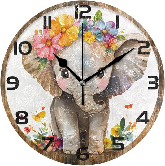 Bolaz Wall Clocks Decorative Bedroom Silent Living Room Desktop Elephant Watercolor Tabletop Shelf Clocks Round Battery Operated 10 Inch Non-Ticking