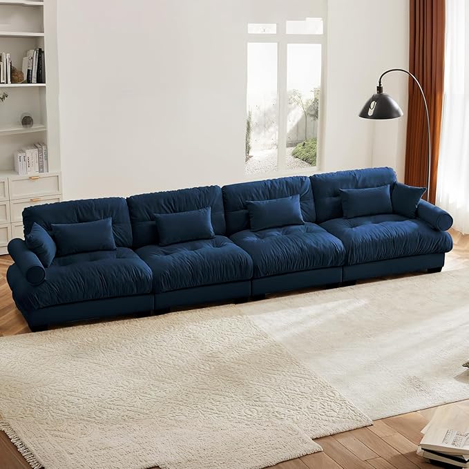 166" Oversized 4 Seater Modular Sectional Sofa, Blue Large Sectional Couch for Living Room, Velvet Cloud Couch with 6 Pillows, Deep Seat Sofa