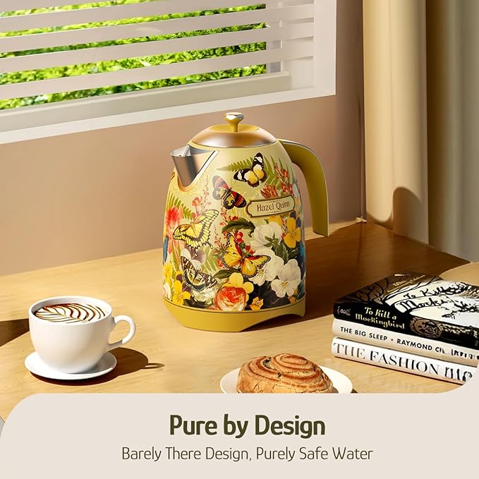 Hazel Quinn X Eduardo Recife Collaboration Electric Kettle - 1.7 Liters (57oz) Stainless Steel Water Kettle, BPA-Free Interior, 1200W Fast Boiling, Cordless, Automatic Shut Off - Floral Printed