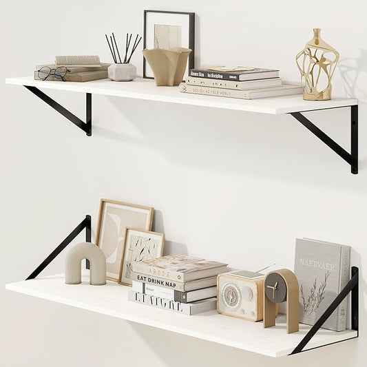 Fun Memories Deep Floating Shelves for Wall, 36W x 8D Wall Mounted Shelves Set of 2, Wide Display Ledge Shelf with Sturdy Metal Brackets for Living Room, Bathroom, Bedroom and Kitchen, White
