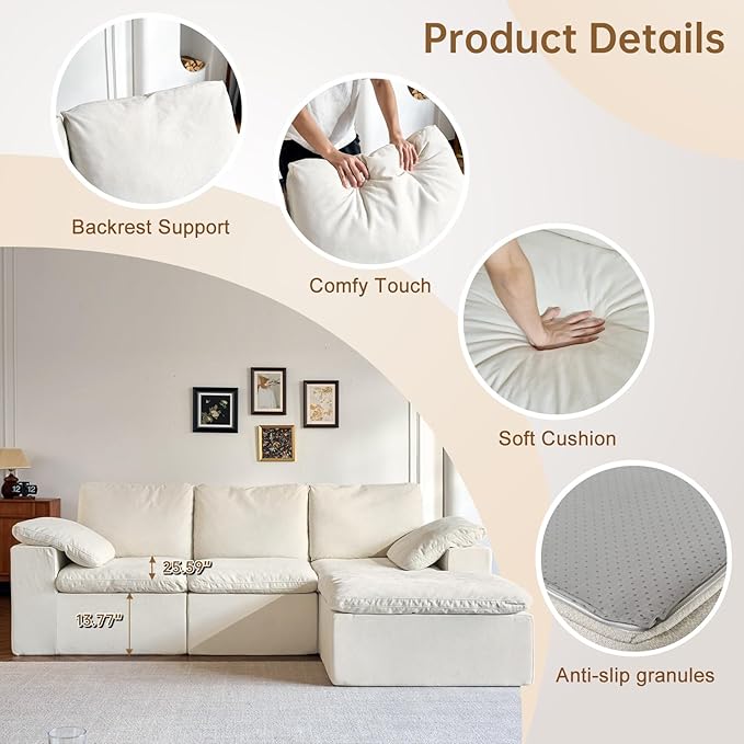ANONER 108" Cloud Sectional Couches for Living Room, U Shaped Boneless Couch with 2 Ottomans, Deep Sleeper Sofa Chenille Touch Furniture Cloud Couch, White Beige