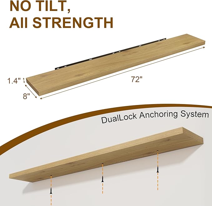 72 Inch Floating Shelves 2 Pack, 8 Inch Deep Floating Shelf Wall Mounted, Large Shelves with Invisible Bracket for Books|Storage, Rustic Wood Wall Shelf for Bedroom, Kitchen, Living Room, Oak