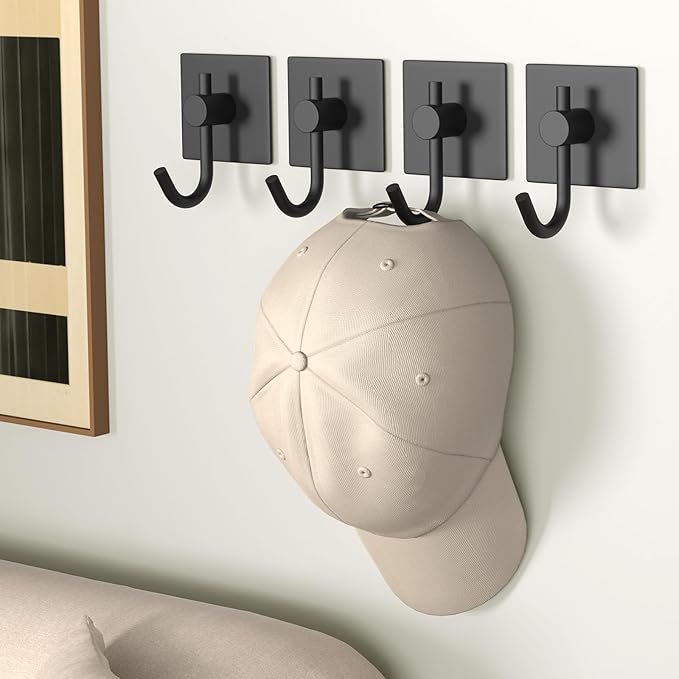 VAEHOLD 4 Pack Wall Hooks, Heavy Duty Sticky Holder Waterproof Aluminum Towel Hooks for Hanging Coat, Hat, Key, Clothes, Closet Hook Wall Mount for Kitchen, Bathroom, Office（Black）