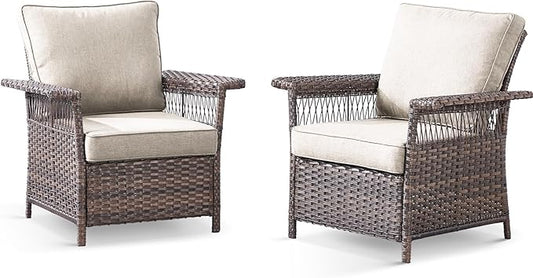 Wicker Outdoor Chairs Set of 2 - Hollow Widen Armrests Patio Furniture Set with Comfortable Thickened Cushion, High Back Outdoor Rattan Chairs for Balcony Porch Deck and Yard - Brown/Beige
