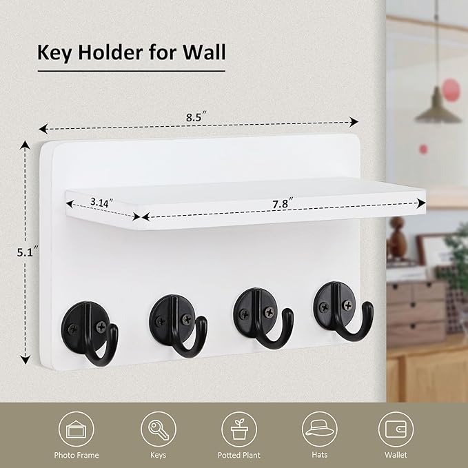 Nekon Key Holder Wall Mount, 8.5 Inch Small Home Decor Wooden Wall Organizer with 4 Hooks and Shelf, Wall Decor for Living Room Entryway Kitchen (White)