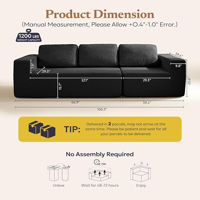 106" 3-Seater Sofa, Cloud Modular Sofa with Certified Foam, Upholstered Floor Sofa with Deep Seat, Upholstered Sofa for Bedroom Living Room, No Assembly Required (Black, Teddy Boucle)