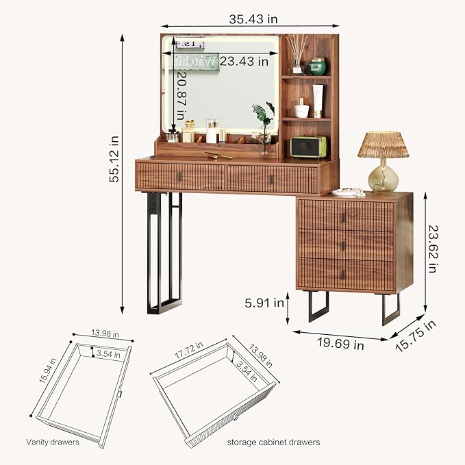 Large Vanity Desk with 3 Color Touch Screen Dimming Mirror, Vanity Desk with Charging Station, Modern Retractable Makeup Dressing Table, Makeup Table With storage shelves and 5 Sliding Drawers, Walnut