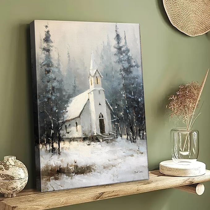Snowy Winter Cabin Christmas Wall Art - Rustic Landscape Canvas Prints for Bedroom & Office, Ready to Hang Framed Picture, Perfect Christmas Gifts & Festive Winter Decor