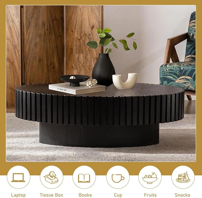 Oval Drum Coffee Table 43.3" Wooden Coffee Tables Handcrafted Fluted Drum Coffee Table Mid Century Modern Luxury Center Table Vintage Farmhouse Center Table for Living Room (Oval Black)