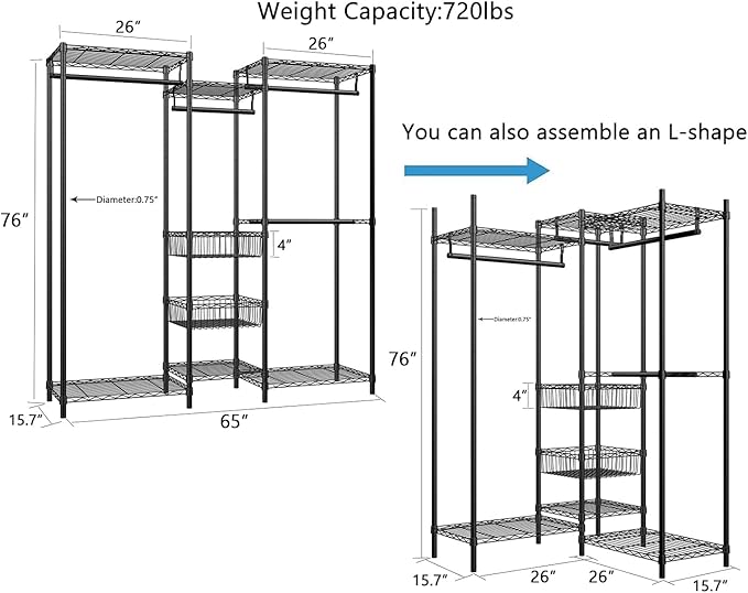 Xiofio 6 Tiers Heavy Duty Clothes Rack with Hanging Rods,Metal Garment Rack,Adjustable Shelves & 2 Slid Storage Baskets,65.0" L x 15.7" W x 76.0" H,Max Load 800LBS,Black