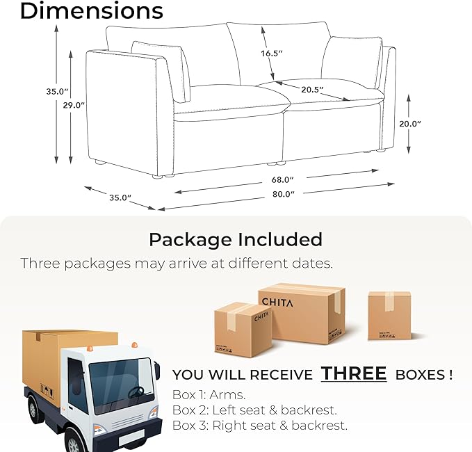 CHITA Luxury Oversized Loveseat Sectional Sofa Couch, Premium Down Filled Modular Sectional Sofa, FSC Certified, 80‘’ Width, 2 Seat Cloud Couch for Living Room, Snow
