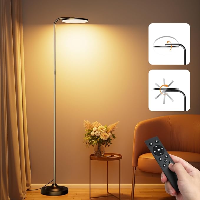 36W LED Floor Lamp, Super Bright Standing Lamp, Modern Stepless Dimmable Torchiere Tall Lamp with Remote Control, 350°Rotating Head Reading Floor Lamp for Living Room, Bedroom, Office