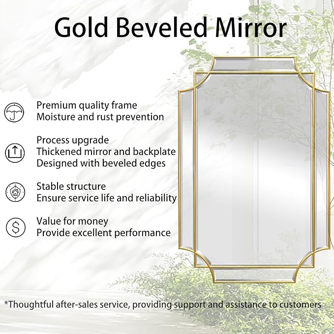 Gold Beveled Mirror, 20"x30" Bathroom Vanity Mirrors for Over Sink, Modern Rectangle Mirror with Wood Frame, Elegant Decorative Mirrors for Living Room Bedroom Fireplace Entryway Hallway