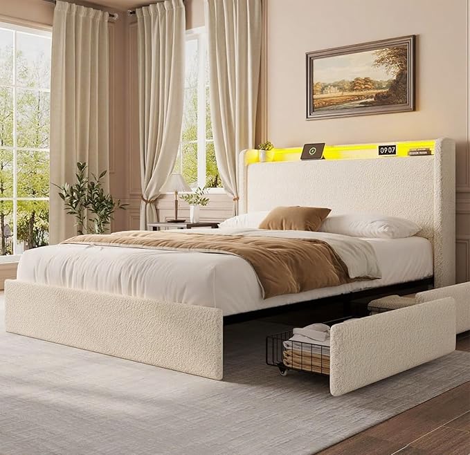 Queen LED Bed Frame with 4 Storage Drawers and Storage Headboard, Soft Boucle Upholstered Platform Bed Frame with Charging Station and USB Ports, Solid Wood Slats Support, No Box Spring Needed, Cream