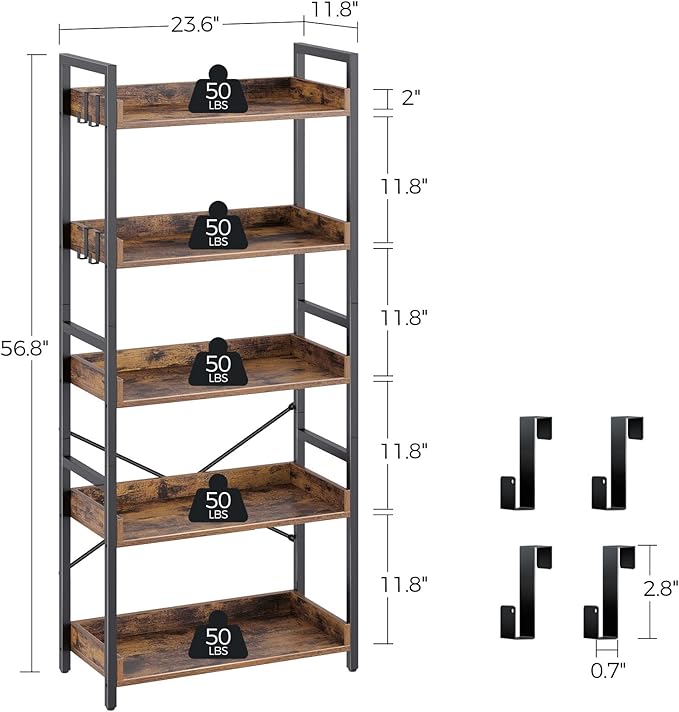 Rolanstar Bookshelf 5 Tier with 4 Hooks, Industrial Wood Bookcase, Vintage Storage Rack with Open Shelves, Rustic Standing Bookshelves Display Rack for Living Room, Bedroom, Rustic Brown
