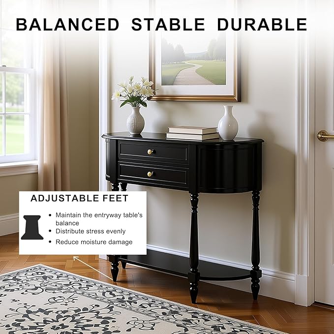White Entryway Table Narrow, Half Moon Console Table with Two Drawers, Solid Wood Mid Century Modern Console Table with Adjustable Legs for Living Room, Foyer, or Hallway