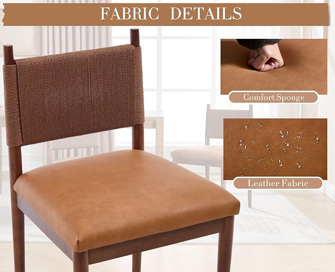 CIMOTA Brown Faux Leather Dining Chairs Set of 2, Mid Century Modern Upholstered Dining Room Chairs with Woven Back, Armless Kitchen Chairs with Walnut Solid Wood Legs, PU