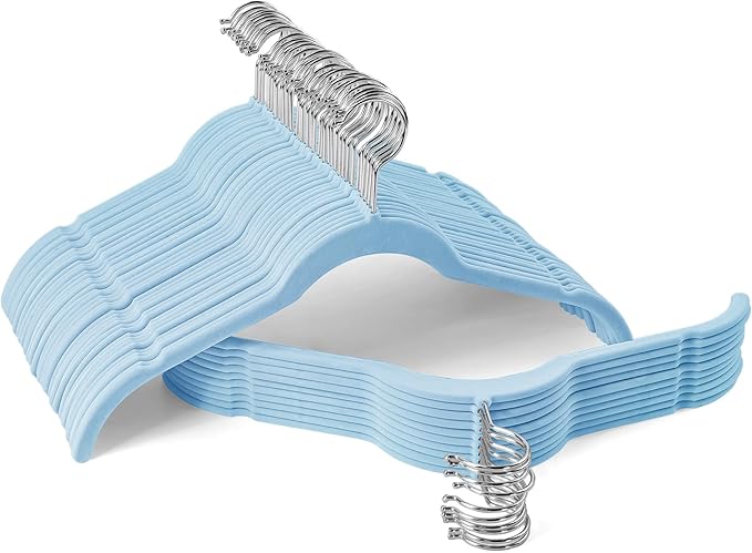 Velvet Hangers 50 Pack – Slim Non-Slip Flocked Clothes Hangers with Notches, Space-Saving Durable Hangers for Dresses, Coats, Blouses(Blue)