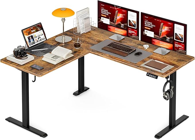 Grandder L Shaped Standing Desk Adjustable Height, Electric Standing Corner Desk, 63 Inch Sit Stand Computer Table with Splice Board, Rustic Brown
