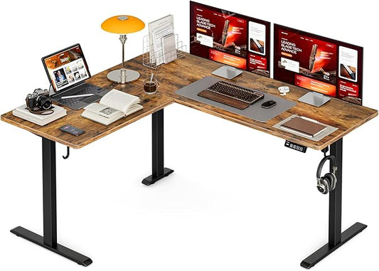 Grandder L Shaped Standing Desk Adjustable Height, Electric Standing Corner Desk, 63 Inch Sit Stand Computer Table with Splice Board, Rustic Brown