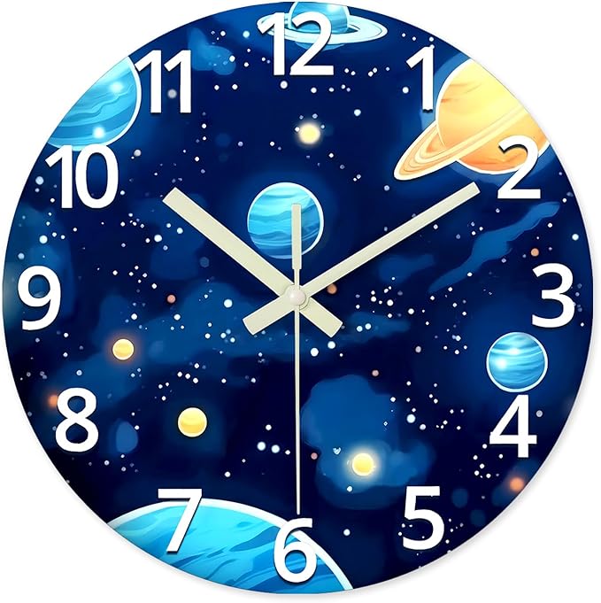 Small Glow in The Dark Wall Clocks Battery Operated 12 Inch Blue Kids Wall Clock Analog Round Silent Wall Clock Bedroom