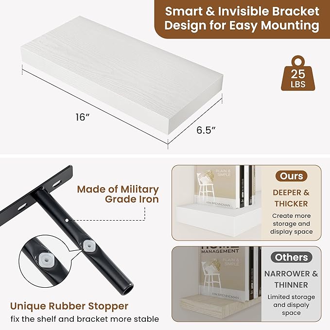 fuqing Floating Shelves for Wall, Wall Mounted Wood Floating Shelf with Invisible Brackets for Living Room, Bathroom, Bedroom, Kitchen Storage and Decor, 16 Inch Set of 2, White