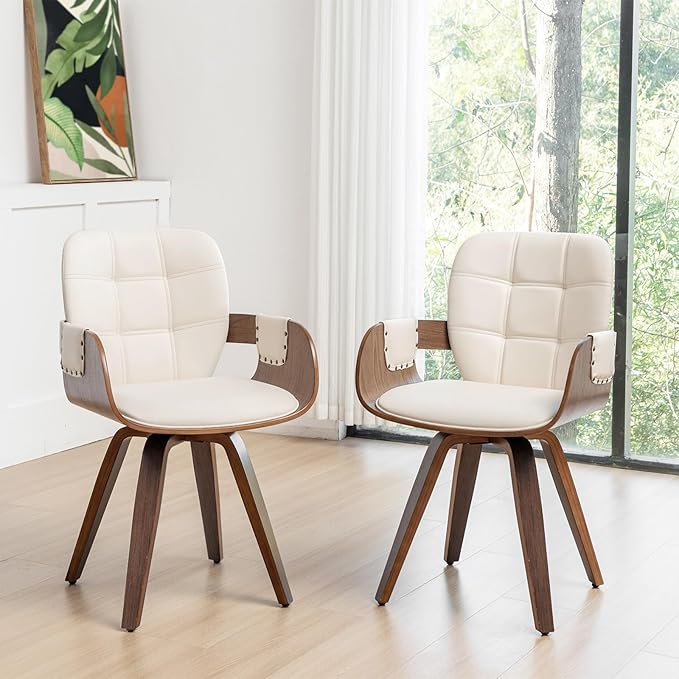 Set of 4 Swivel Dining Chairs - Mid Century Modern Dining Chairs with Arms and Curved Back, Faux Leather Bentwood, Versatile for Living Room/Reception/Conference Room/Kitchen/Desk (Walnut Beige)