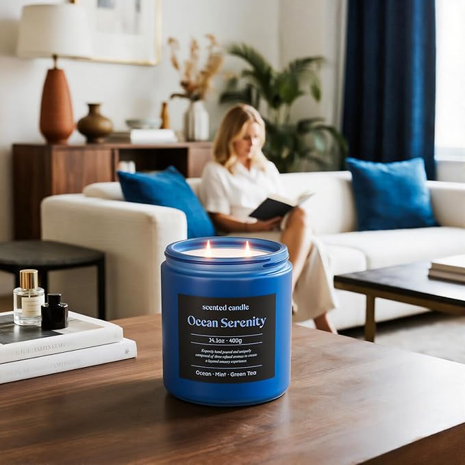 Scented Candles, 14.1 oz Scented Candles for Home, 2 Wicks Blended Scents Aromatherapy Candles for Women and Men, Birthday Gifts for Women (Ocean+Mint+Green Tea)