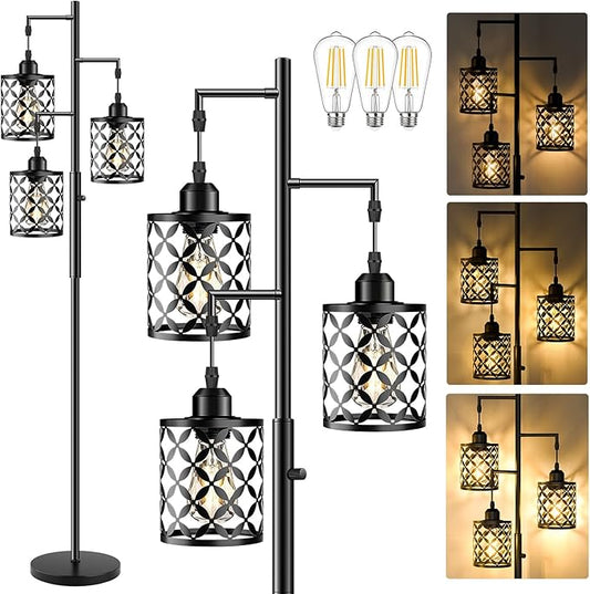【Upgraded】72" Tall Dimmable Floor Lamp, Farmhouse Standing Lamp with Elegant Metal Cages, Industrial Tree Floor Lamps for Living Room, Bedroom, Study Room, Office (3 x 800LM LED Bulbs Included) -Black