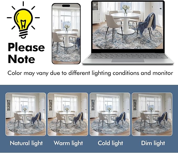 6ft Round Area Rug for Living Room- 6x6 Washable Neutral Abstract Rug for Bedroom Modern Soft Dining Room Rug No Slip Low Pile Carpet for Nursery Home Office Decor - Grey/Blue