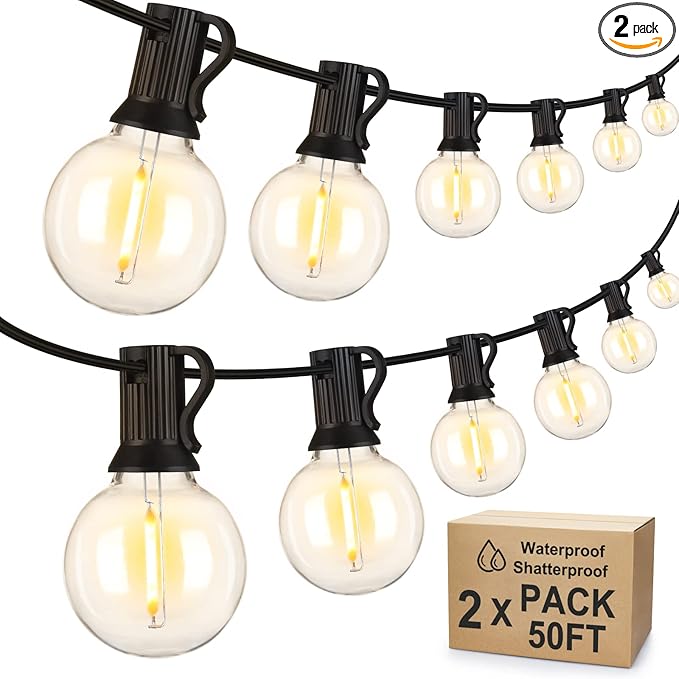 Mlambert 100Ft(2x50Ft) Outdoor String Lights, G40 Globe Patio Lights with 50+4 Waterproof Hanging LED Bulbs for Balcony Gazebo Deck Tents-Black Wire