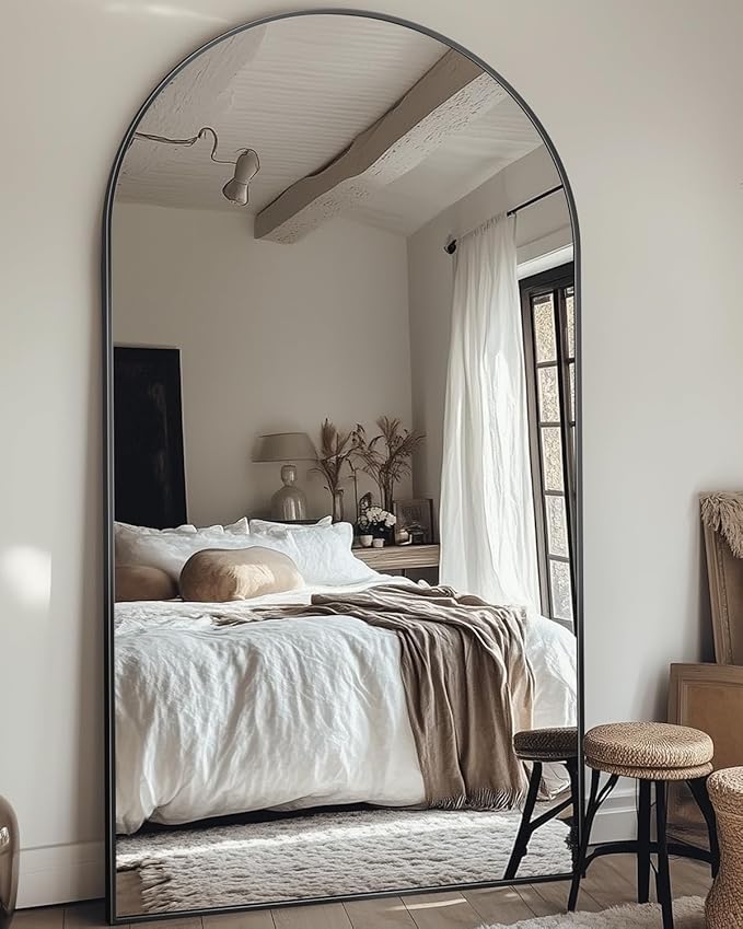 Full Length Mirror, 41"x81" Arched Floor Mirror Freestanding, Floor Standing Full Body Mirror with Stand for Bedroom, Hanging Mounted for Living Room Cloakroom, Black