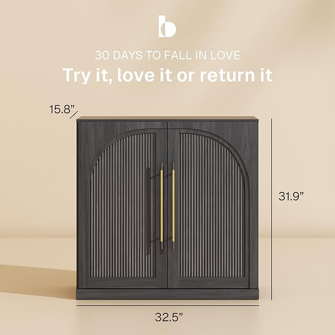 BELLEZE Set of 2 Modular Sideboard with Double-Arc Wood Doors, Small Arched Buffet Cabinet with Storage and Adjustable Shelves, Classic Modern Credenza for Dining Room, Living Room or Entryway(Ebony)