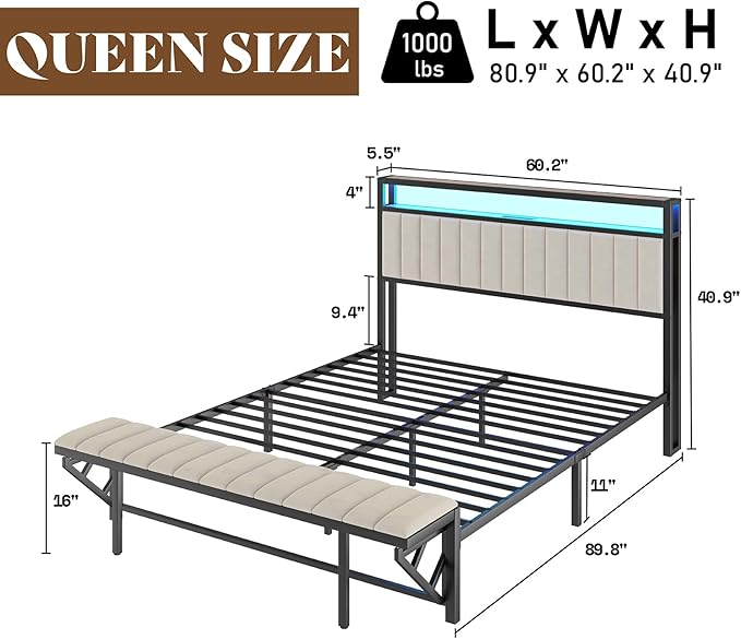 Queen Bed Frame with Folding Bench and Charging Station, Velvet Upholstered Headboard with LED Light and Storage Shelf, Heavy Duty Metal Slats/No Box Spring Needed/Easy Assembly, Beige