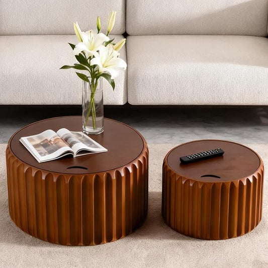 Round Nesting Coffee Table Set of 2, Round Fluted Coffee Tables with Storage for Living Room Modern Nesting End Side Tables for Small Spaces (A Storage Walnut)
