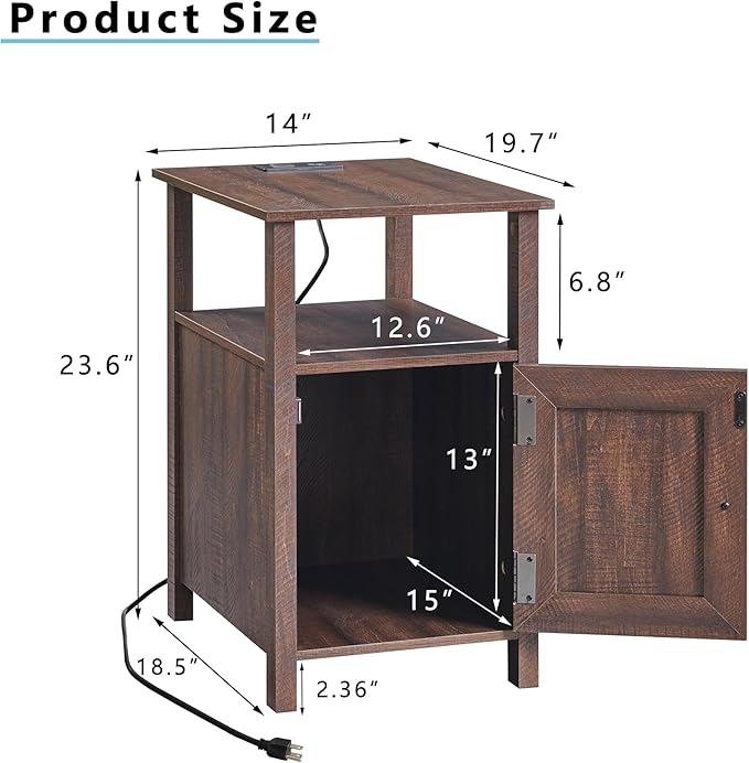 Farmhouse Nightstand Set of 2, End Table with Charging Station, Rustic Side Table w/Barn Door & Open Shelves, Bedside Table w/Storage Space and Storage Cabinet for Bedroom, Living Room (Brown)