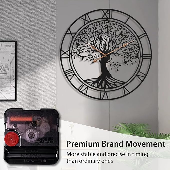 Tree of Life Wall Clock, 24Inch Metal Black Family Tree Oversized Wall Clocks for Living Room Bedroom Home Decor, Modern Silent Mid-Century Battery Operated