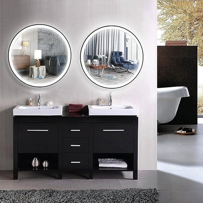 24 Inch Black Round Lighted Vanity Mirror with Lights Black Frame Round LED Mirror for Bathroom Wall Antifog 3Color Adjustable Brightness Frontlit 24" Black Framed Circle LED Light up Mirrors