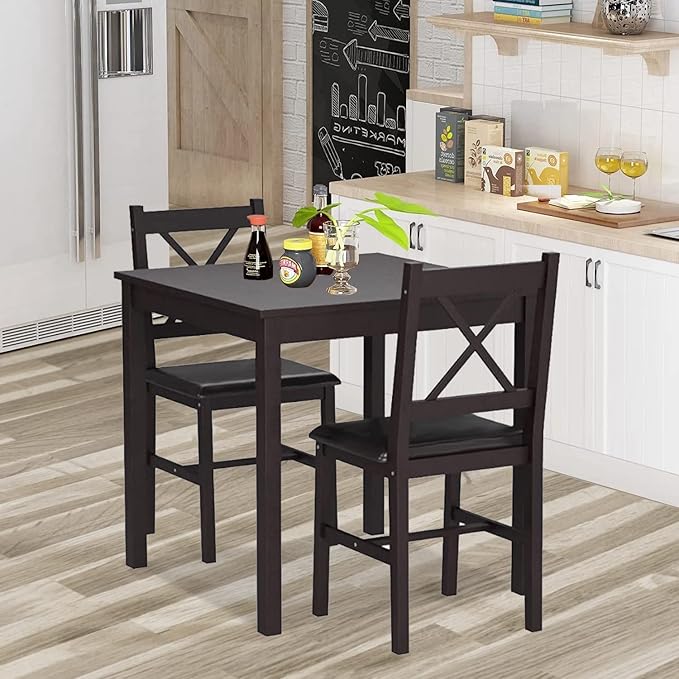 3-Piece Solid Wood Kitchen Table Set for 2 | Pine Dining Table with Upholstered Chairs | Space-Saving Design | Smooth Easy-to-Clean Surface | for Dining Room, Apartment, Restaurant, Dark Brown