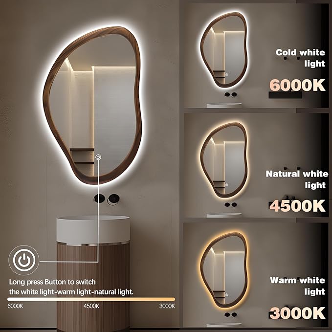Wood Framed Led Mirror for Bathroom, 35"x24" Irregular Vanity Mirror with Lights, Anti-Fog Backlit Mirror with 3 Colors Dimmable, Memory Function, CRI95+, Horizontal/Vertical, Walnut