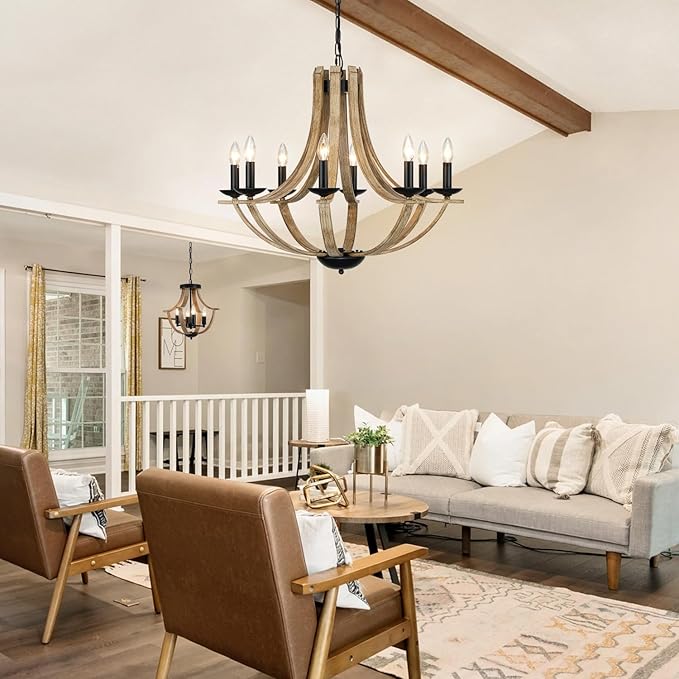 Farmhouse Chandeliers for Dining Room Light Fixture, 8-Light 28" Adjustable Height Retro Faux Wood Texture Rustic Light Fixtures for Living Room Bedroom Kitchen Island Foyer Entryway