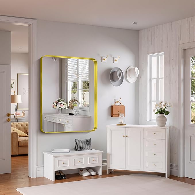 FORBATH 48x36 Inch Bathroom Mirror, Brushed Gold Deep Frame Wall Mirror with Rounded Corners, Anti-Rust Glass for Modern Farmhouse Vanity (Horizontal/Vertical Hanging)